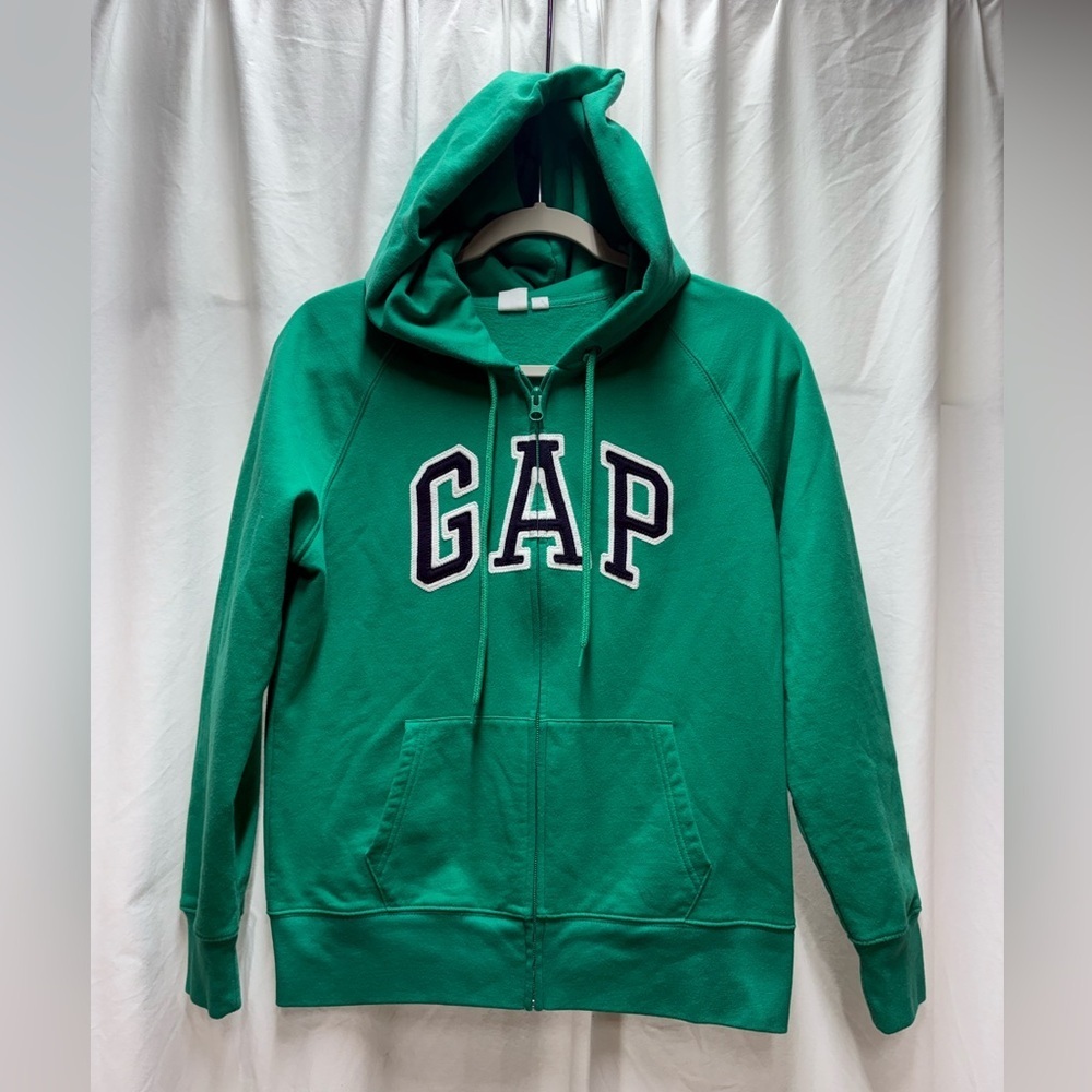Gap women's green full-zip hoodie with blue/white lettering size M